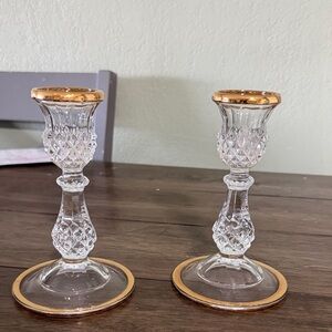 Vintage Crystal Candlestick Holders Gold Rim Set of 2 Elegant Glass